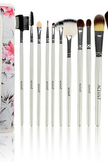 Acevivi Fashion Women's Professional 12pcs Soft Cosmetic Tool Makeup Brush Set Kit With Floral Printed Pouch