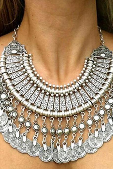 European Fashion Retro Carved Coin Tassel Necklace（Silvery-NL22071801）