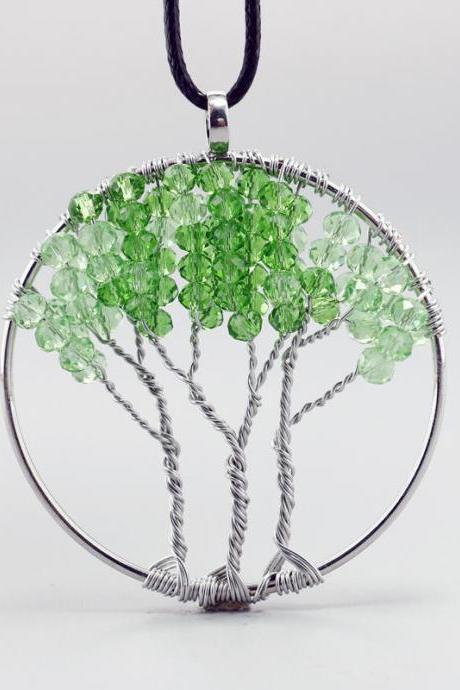 Green Crystal Tree Of Life Diy Leather Chain Gravel Pendant Necklace