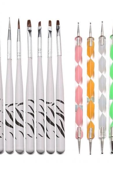 5PCS Double Ended Dotting Pen Marbleizing+ 8PCS Nail Art Brush Tool Kit Set Manicure DIY Tool