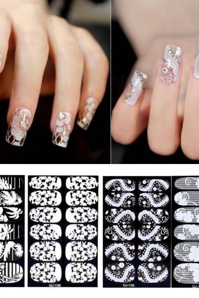 Flower 3D Lace Nail Art Decoration Self-Adhesive Nail Stickers Decals Full Wraps 6 Sheets/ Packs