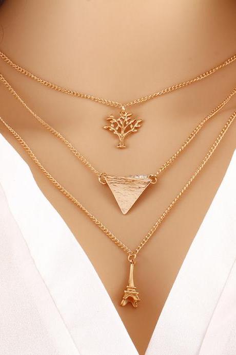 Gold Plated Multi Layer Necklace Featuring Tree , Triangle And Eiffel Tower