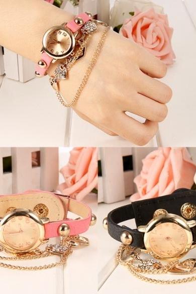 Women Faux Leather Strap Round Dial Quartz Watch Heart Chain Bracelet Wrist Watch