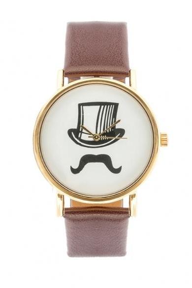 Fashion Casual Mustache Cap Pattern Synthetic Leather Wristwatch Quartz Watch