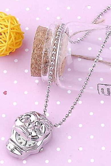 Fashion Metal Silver Skull Design Pocket Watch Necklace Chain