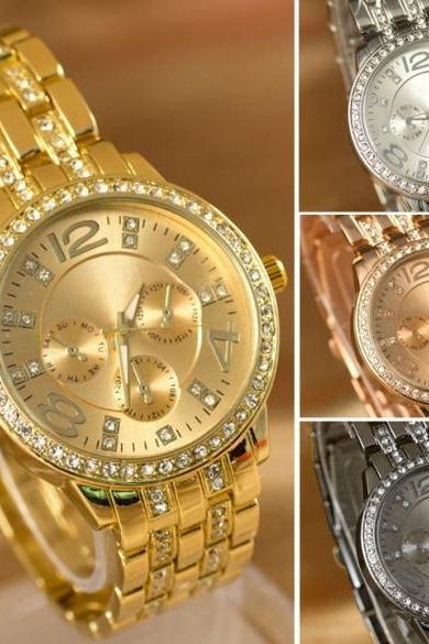 Luxury Gold Crystal Quartz Rhinestone Date Lady Women Wrist Watch