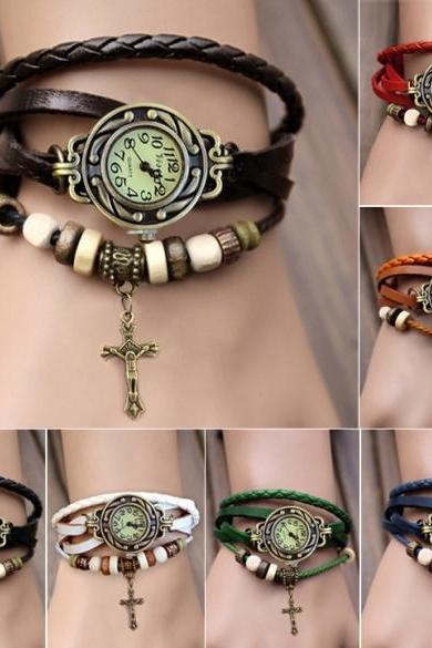 Women's Quartz Cross Pendant Weave Wrap Synthetic Leather Bracelet Wrist Watch