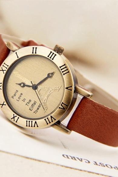 Vintage Quartz The Tower Bronze Dial Synthetic Leather Bracelet Unisex Wrist Watch