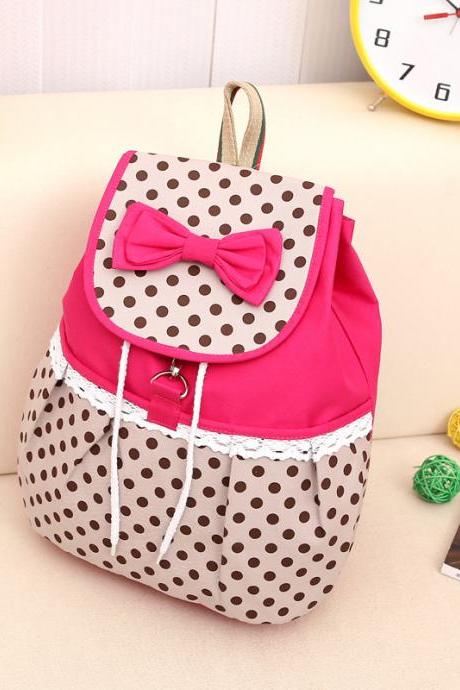 Lovely Bowknot Polka Dot Canvas Bucket Drawstring School Backpack