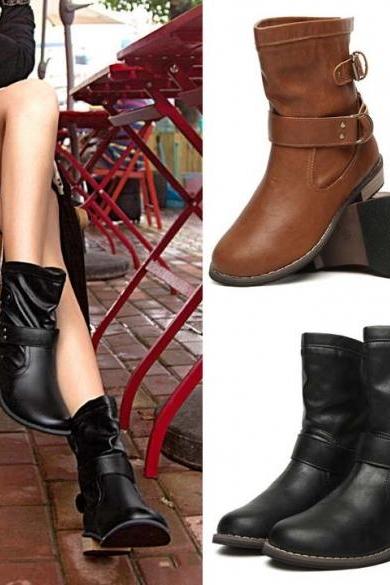 New Women shoes Fashion-Mid-Calf Flat Heel British Driving Short Boots