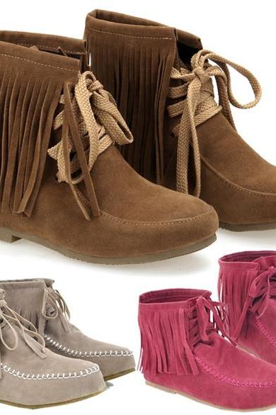 Women's Tassels Lace Up Flat Ankle Shoes Boots