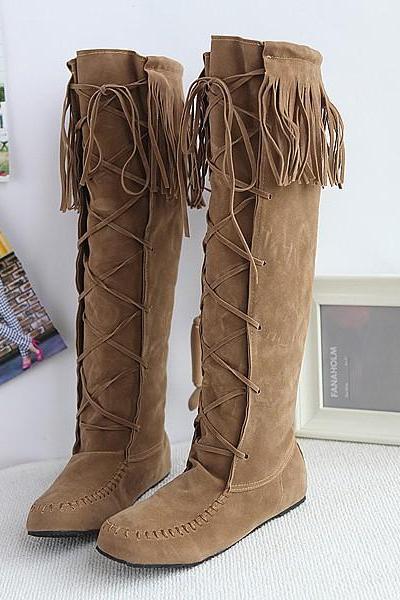 Style Frosted Sleeve Flat Tassel High Boots