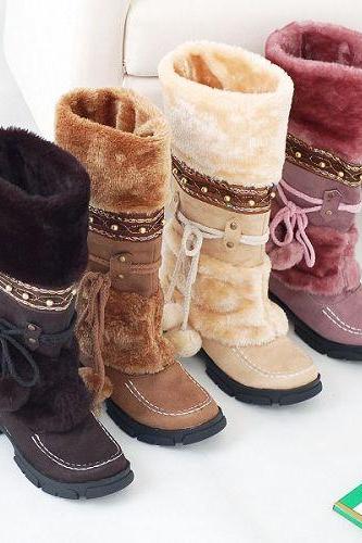 Fashion Warm Fur Tassel Snow Combat Boots