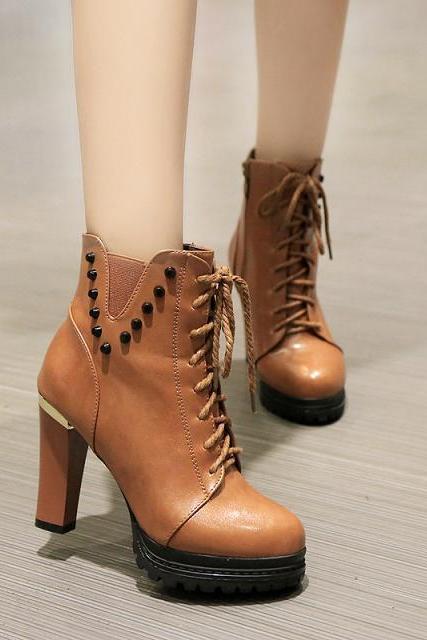 Patent Leather Chunky High Heel Boots With Studs On The Side