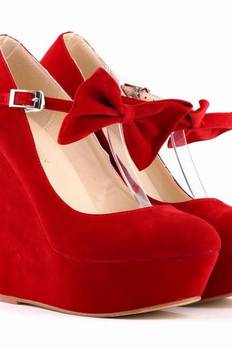 Thick Bottom Suede Club Bowknot Wedges Heels Shoes