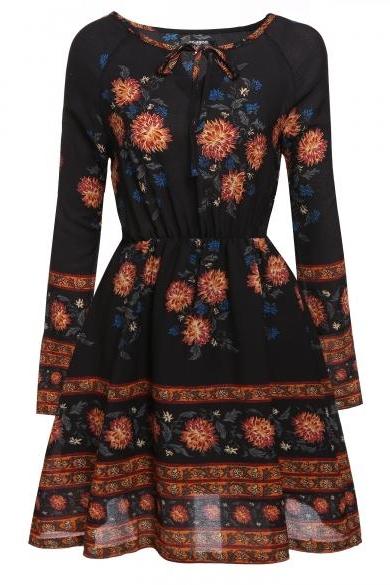 Women's Bohemian Style O-Neck Long Sleeve Floral Casual Dress