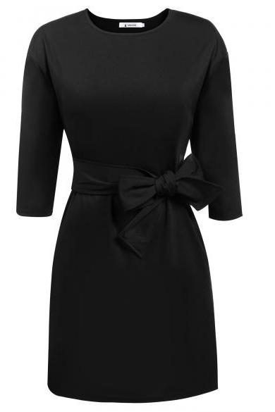Women 3/4 Sleeve Solid Tie-belt Party Office Business Dress With Pockets