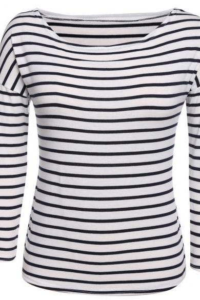 Women Fashion Casual Long Sleeve Classic Stripe T-shirt Tops