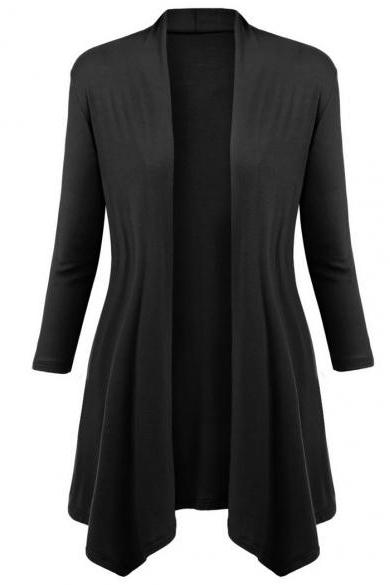 Women Casual 3/4 Sleeve Solid Pattern Asymmetric Hem Cardigan Outwear