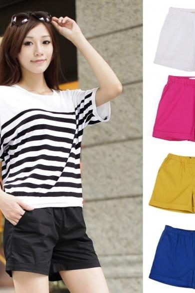 Women Fashion Korean Style Candy Color Solid Elastic Waist Casual Shorts