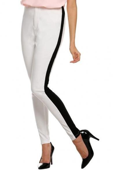 Finejo Women Lady Black White Patchwork Casual Long Pants Trousers