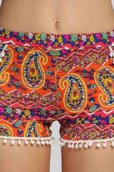 Summer Women Casual Elastic Waist Print Tassel Beach Shorts
