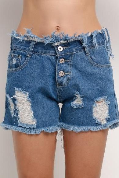 Heavy Distressed Denim Shorts Featuring Frayed Hem And Button Front