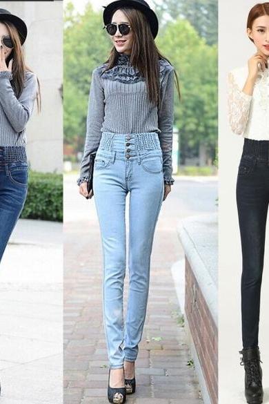 Fashion Slim Women Elastic Waist High Waist Skinny Long Pencil Pants Jeans