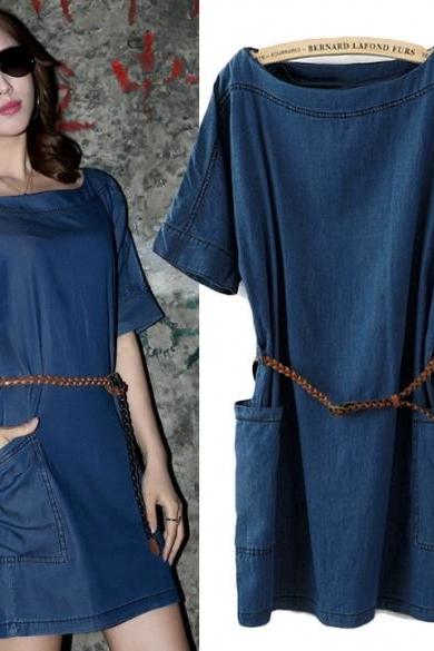 New Fashion Women's Casual Washed Jean Skirt Loose Denim Dress +Belt Many Sizes