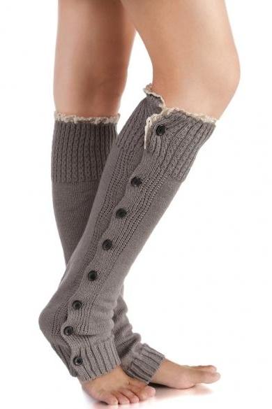 Fashion Knitted Boot Sock Flat Button Down Crochet Lace Trim Socks Leg Warmers