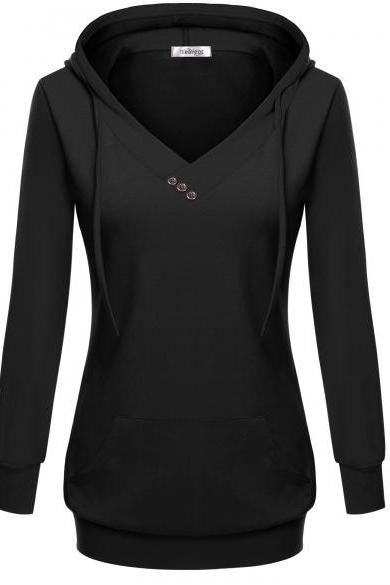 Women&amp;amp;#039;s Long Sleeve V Neck Hooded Solid Pullover Pocket Sweatshirt Hoodie