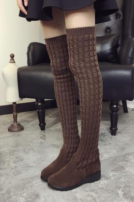 Fashion Knee-High Wool Canister Flat Warm Boots