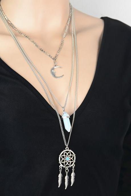 Dreamcatcher Crystal Moon Long Sweater Chain Necklace