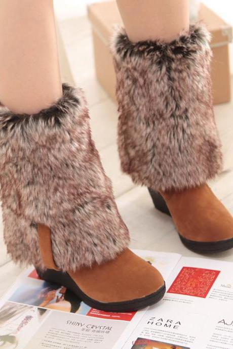 Faux Rabbit Hair Wedge Foldable Thickening Snow Boots