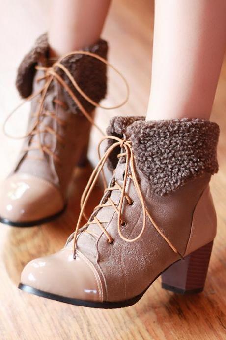 Middle Heeled Patchwork Lace Up Short Boots