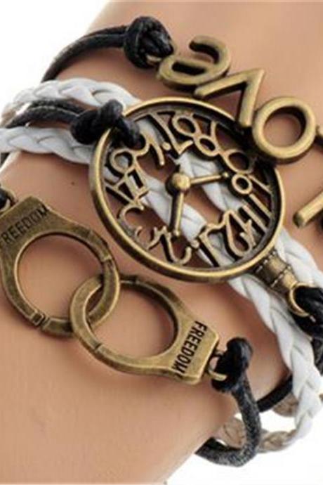 Fashion Clock LOVE Handcuffs Multielement Bracelet