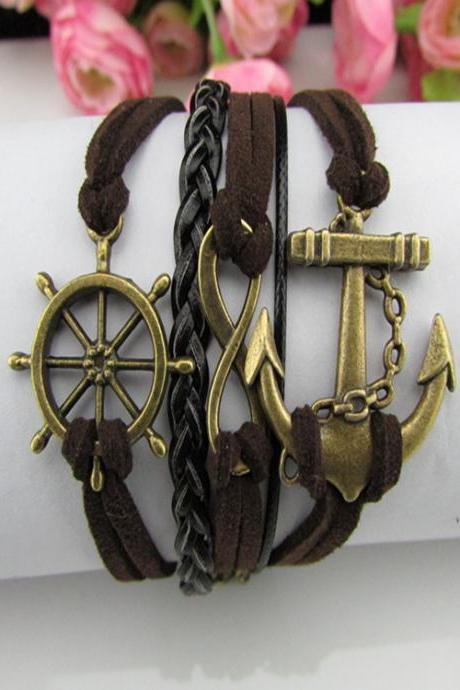 Anchor Rudder Three-ply Braid Leather Cord Bracelet