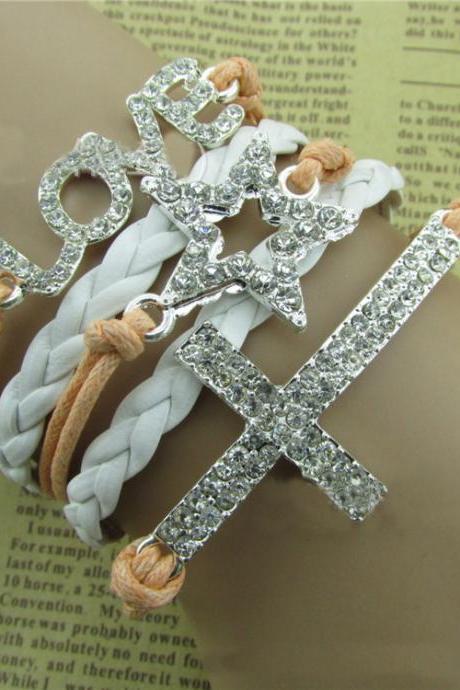 Crystal Love Cross Stars Leather Cord Bracelet