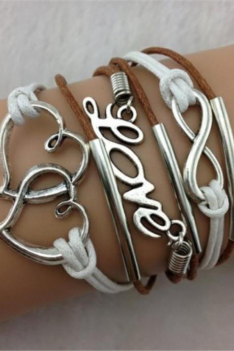 Multiple Double Heart Love 8 Fashion Leather Cord Bracelet