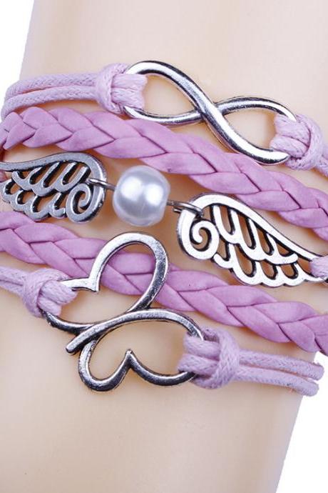 Romantic Pink Butterfly Hand-made Leather Cord Bracelet