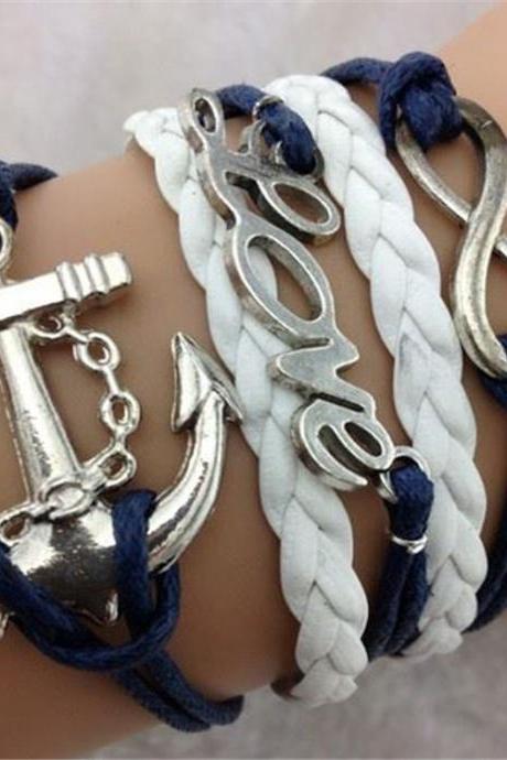 Europe Love 8 Anchor Fashion Leather Cord Bracelet