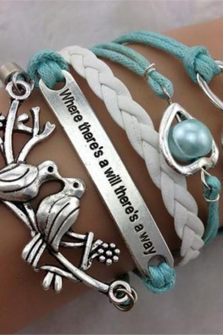 Love Birds Heart Pearl Multilayer Woven Bracelet