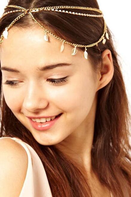 Fashion Crystal Leaf Pendant Multilayer Tassel Hair Accessories