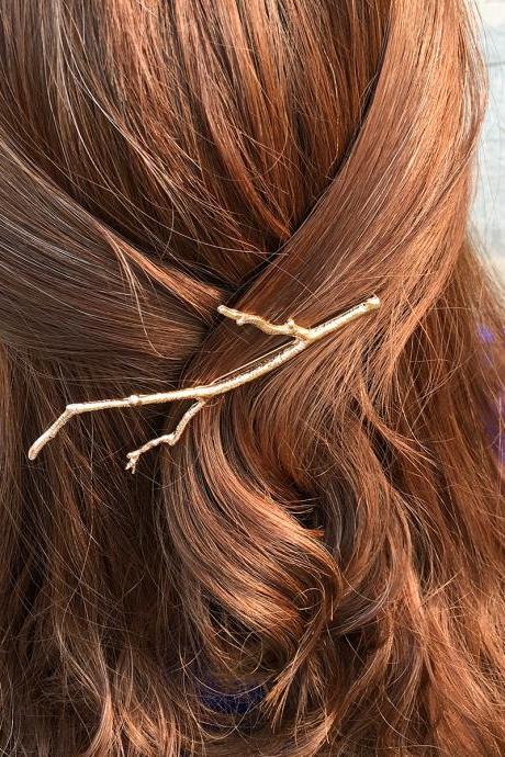 Minimalist Geometric Tree Twig Hair Clip - Gold / Silver