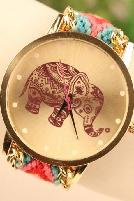 Wool Knitting Strap Elephant Print Watch