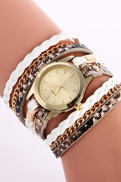 Snake Print Woven Wrap Bracelet Watch
