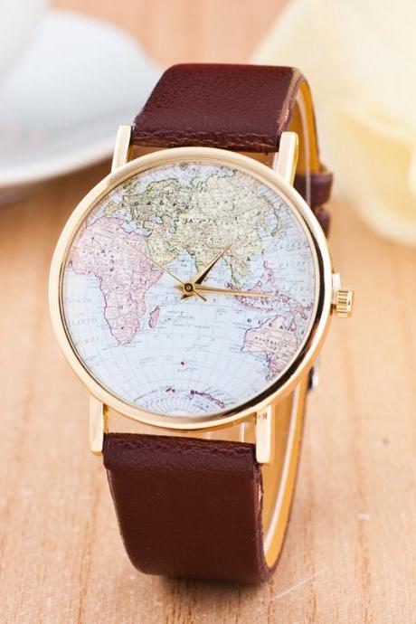 The World Map Faux Leather Strap Watch