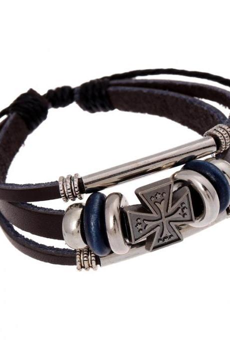 Cross Beaded Leather Bracelet