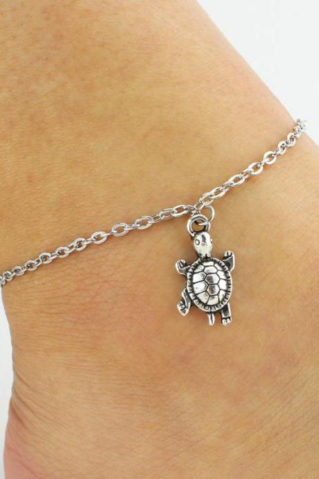 Cute Little Turtle Pendant Silver Anklet