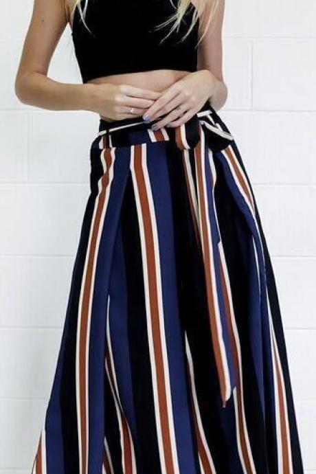 Multicolor Stripes Printed Side Split High Waist Wide Leg Pants